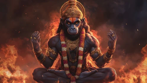 Fiery monkey sage in serene golden meditation amid flames.