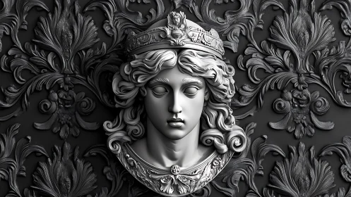 Baroque 3D relief portrait of crowned figure in ornate foliage