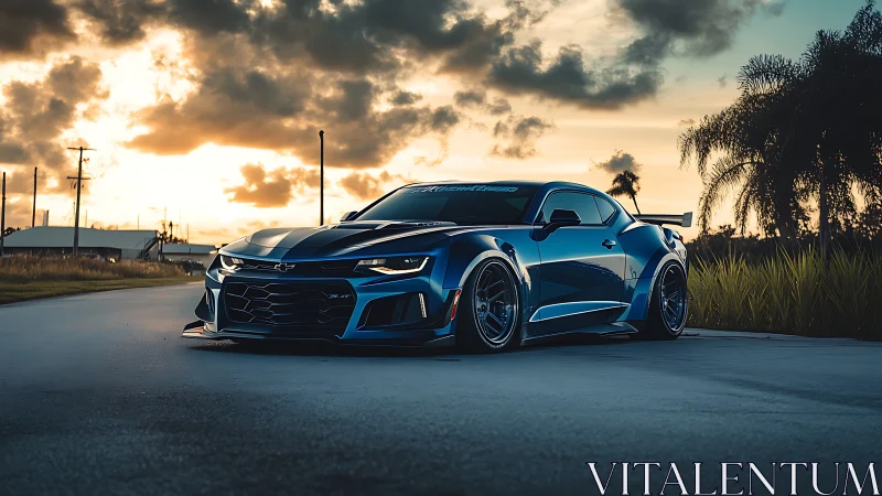 Blue Chevrolet Camaro parked on road at dramatic sunset.