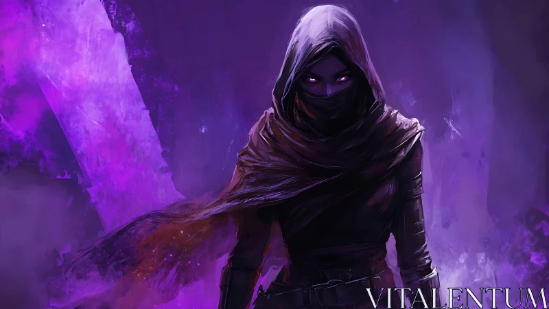 Mystic hooded rogue glowing softly in violet shadows.