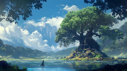 Fantastical Mountain Lake with Ancient Tree Island