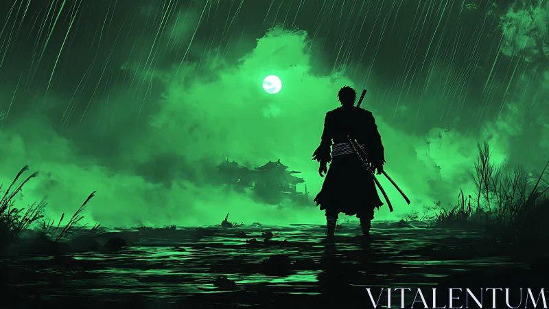 Lone samurai confronts a misty fortress under neon moonlight
