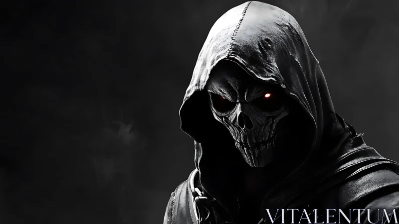 Hooded skeletal reaper with glowing eye in smoked void.