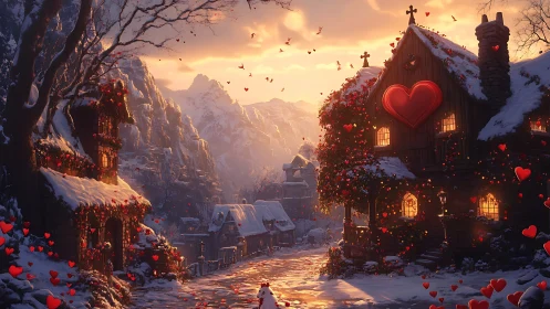 Snowy alpine village glows with romantic heartlit cottages