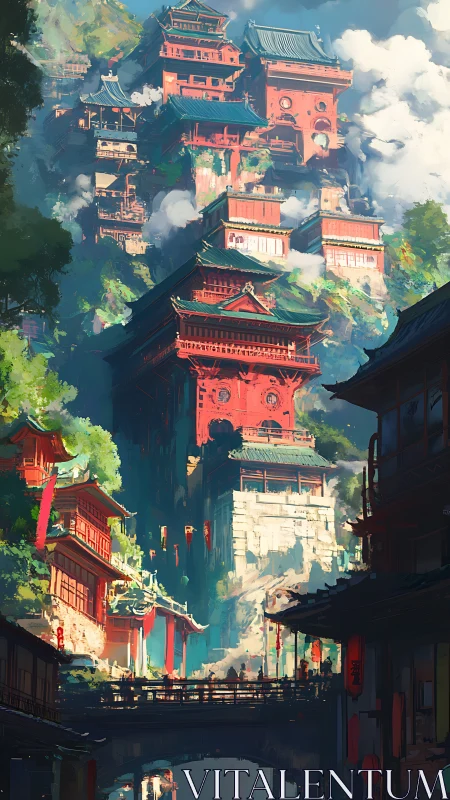 Skyward red mountain city stacked in lantern-lit tiers.