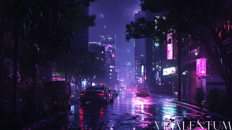 Neon-saturated rainy avenue under cinematic cyberpunk lighting.