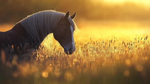 Horse stands in tall backlit grass during golden sunset light