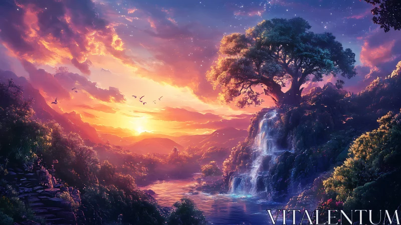 Sunset river hums beneath a dreaming waterfall tree