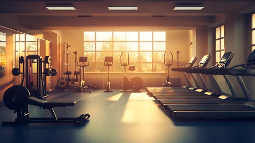 Sunlit fitness studio interior shows aligned training equipment