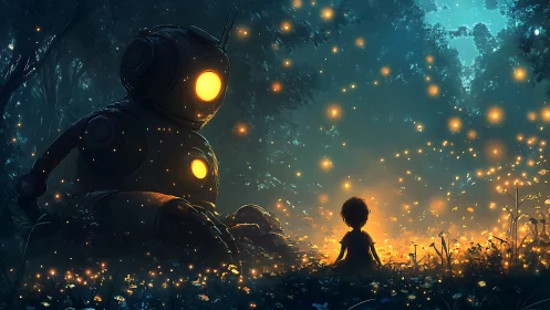 Robot and child in firefly lit forest clearing at dusk.