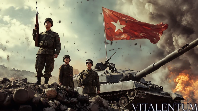 Soldiers stand before battle tank under tattered war flag