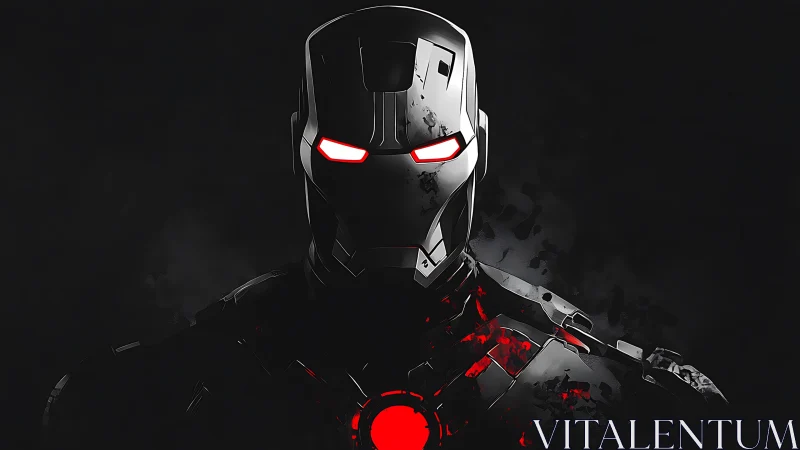 Armored cyber warrior portrait with red reactor glow.