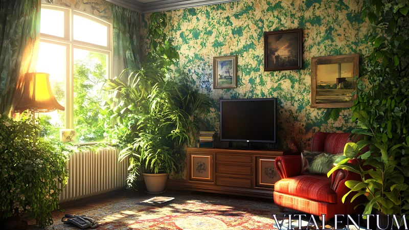 Sunlit retro living room glows with lush indoor greenery