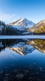 Snowy mountain greets a glassy lake with peaceful reflection
