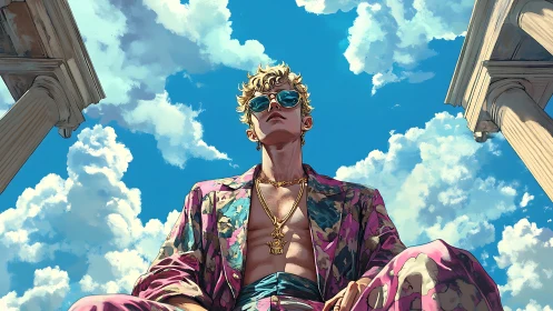 Sunlit style icon relaxes confidently beneath bright clouds