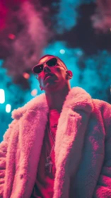 Neon-flooded street icon wrapped in candy-pink faux fur.