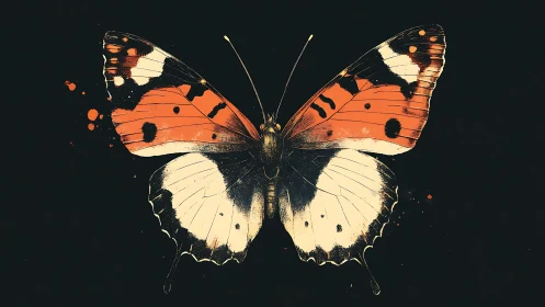 Paint-splashed monarch hovers like living ink on velvet night