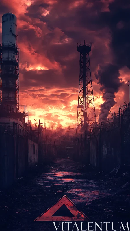 Warning triangle glows in a smoldering industrial dusk.