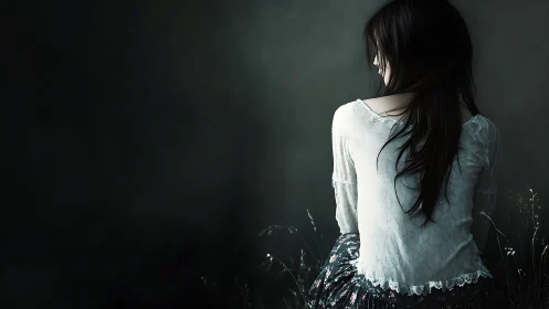 Solitary young woman in side-back view, soft rim lighting study