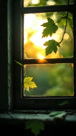 Sunlit green leaves at an old wooden window frame.