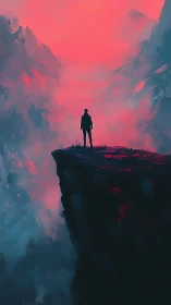 Digital painting of lone figure on neon-lit cliff edge at dusk.