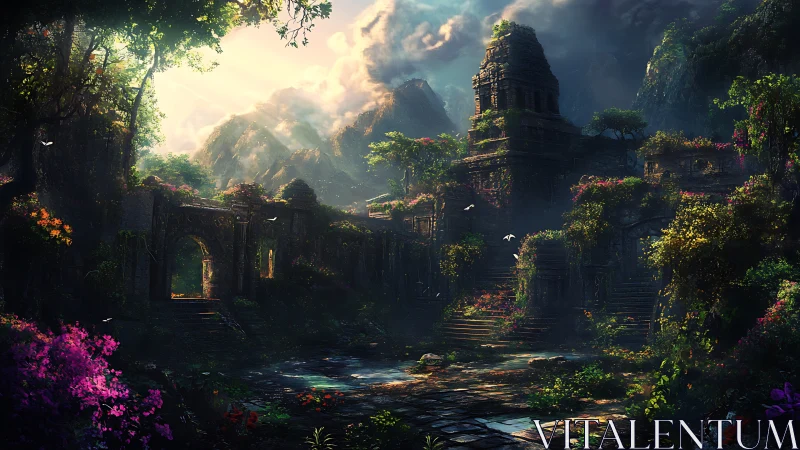 Sunlit jungle temple ruins with overgrown stone terraces