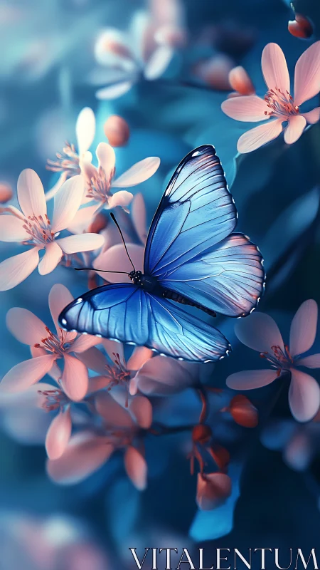 Gentle blue butterfly pauses softly among glowing blossoms