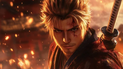 Scarred samurai warrior amid blazing embers at dusk.