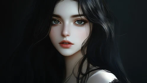 Midnight-eyed portrait of porcelain muse in soft shadow.