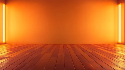 Interior scene shows illuminated orange wall and wood floor