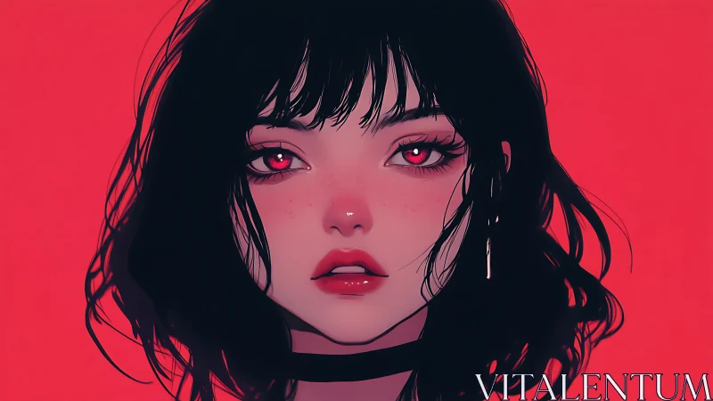 Red eyed girl portrait against flat crimson background.