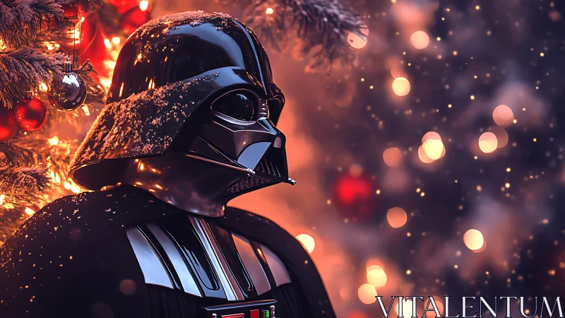 Helmeted sci‑fi figure near lit tree with seasonal decor.