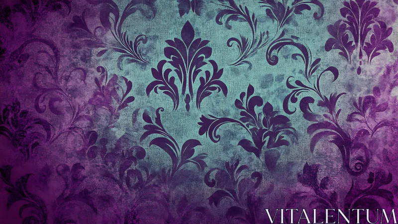 Purple damask floral pattern on textured teal background.