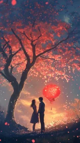 Luminescent Tree with Particle Cascade: Silhouetted Couple Under Glowing Red Lantern