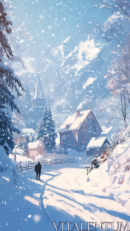 Peaceful snowy village path glowing with winter warmth.
