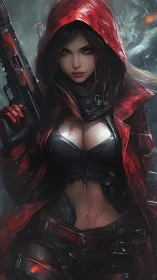 Red-hooded cyber huntress with rifle in high-contrast digital render