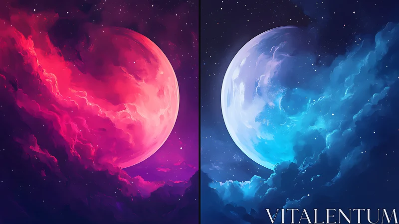 Dual chromatic moons in nebular clouds, split cosmic panorama