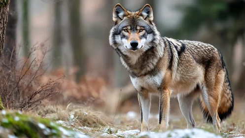 Canis lupus in shallow depth-of-field boreal woodland habitat.