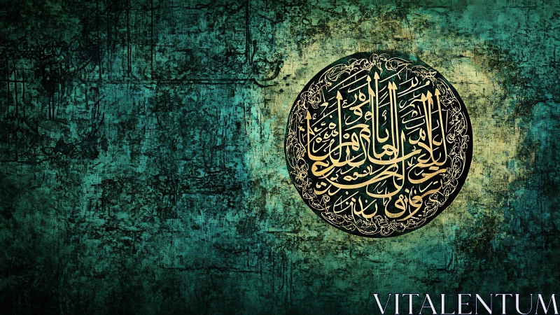 Circular Arabic calligraphy medallion contrasts textured teal ground