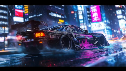 Modified sports car on wet neon city street at night.
