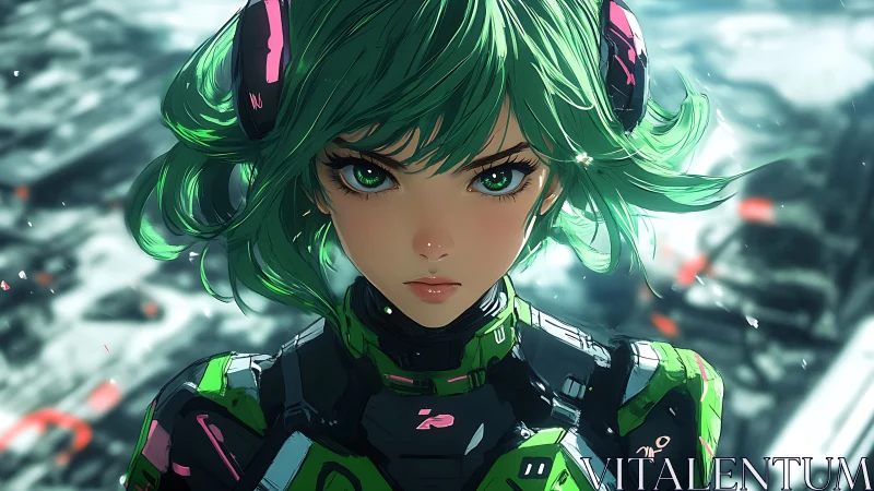 Green-haired mecha pilot with intense cyber gaze portrait.