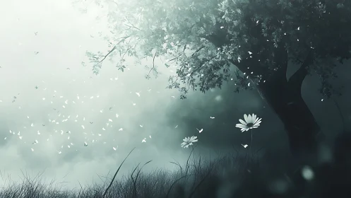 Moody digital meadow with silhouetted tree and luminant petals.