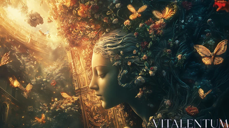 Dreaming garden goddess crowned in butterflies and light.