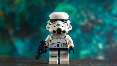 LEGO stormtrooper minifigure stands centered against teal bokeh