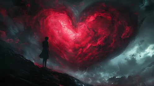 Solitary Figure Confronts Luminous Red Heart Against Atmospheric Darkness