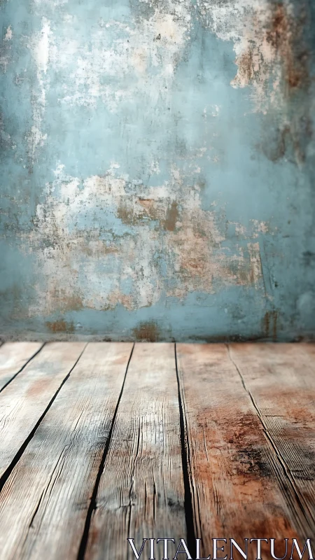 Weathered wooden floor with distressed blue plaster wall.