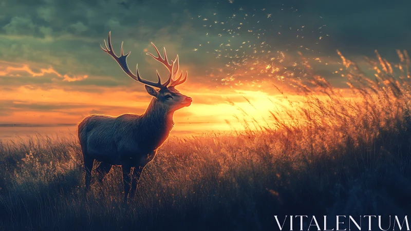 Stag stands in backlit grassland under low setting sun