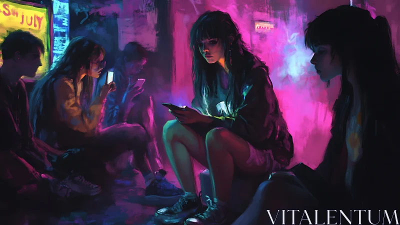 Neon-lit loners scroll galaxies inside their glowing palms