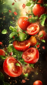 Digital painting of tomatoes and basil in dynamic vertical cascade.