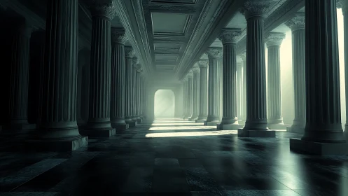 Cinematic neoclassical colonnade receding toward luminous exit